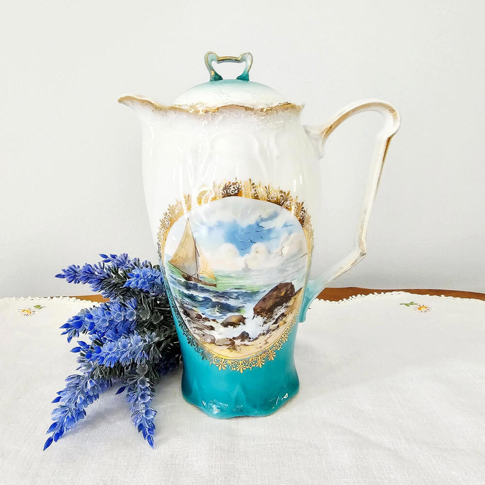 Vintage Three Crown China 9” Teapot With Lid Nautical Ship Ocean Design Gilded